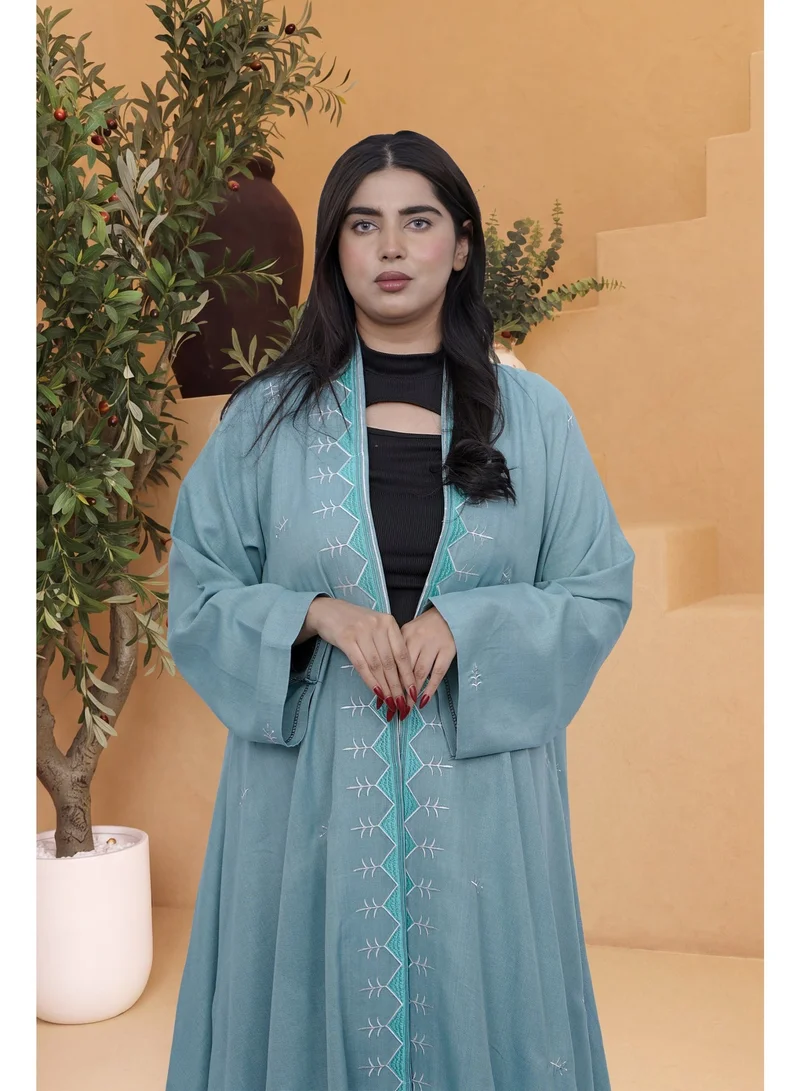 Fashion Line Elegant Embroidered Open Front Abaya - Pastel Blue