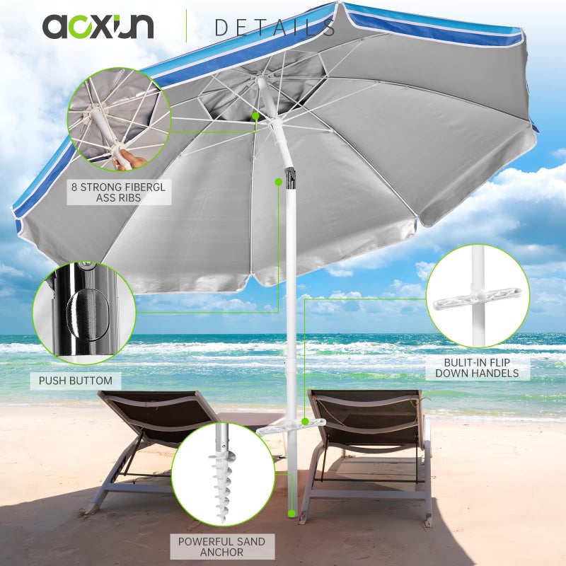 Aoxun Beach Umbrella with Tilt Pole, Portable Sand Anchor and Carry Bag, UPF 50+ Sun Shelter Air Vents Design for Outdoor Activities (Navy Blue & White), 6.5ft - Image 2