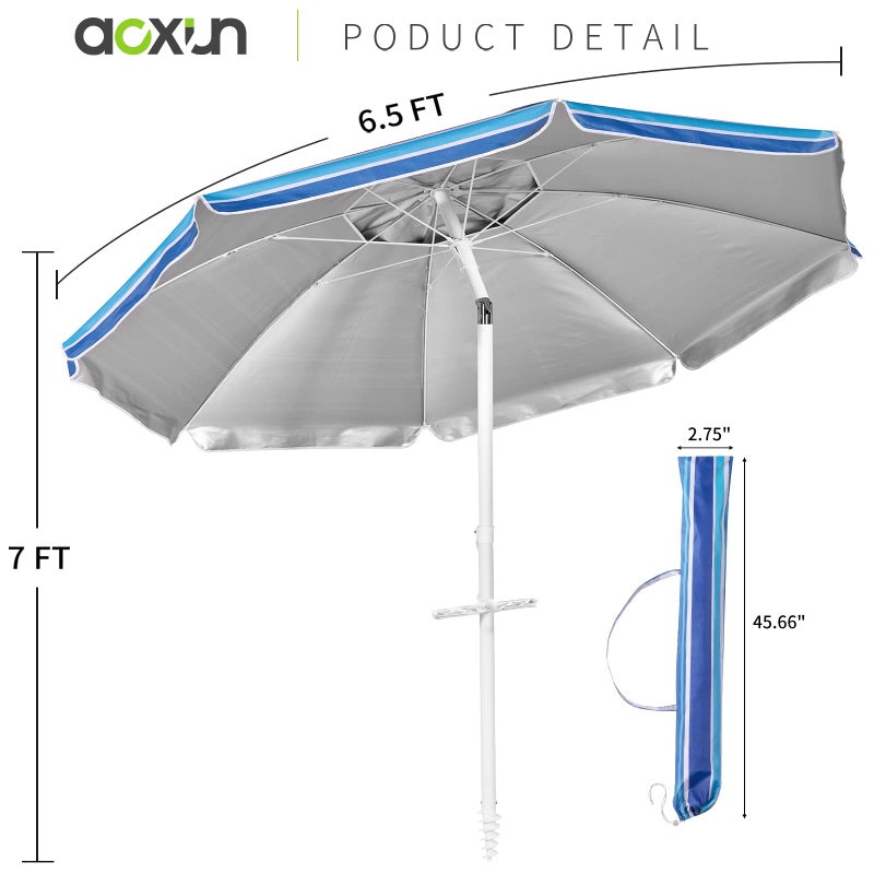 Aoxun Beach Umbrella with Tilt Pole, Portable Sand Anchor and Carry Bag, UPF 50+ Sun Shelter Air Vents Design for Outdoor Activities (Navy Blue & White), 6.5ft - Image 5