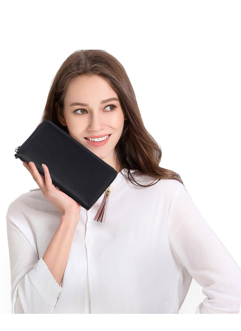 SYOSI - PU Leather Women's Wallets RFID Blocking Bifold Zipper Pocket Card Holder with 17 Card Slots Multi-Function Bifold Zipper Clutch Purse Large Capacity Card Holder with RFID for Girls Classic Black - Image 1