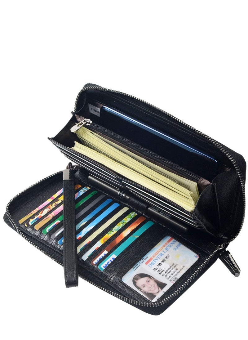 SYOSI - PU Leather Women's Wallets RFID Blocking Bifold Zipper Pocket Card Holder with 17 Card Slots Multi-Function Bifold Zipper Clutch Purse Large Capacity Card Holder with RFID for Girls Classic Black - Image 1