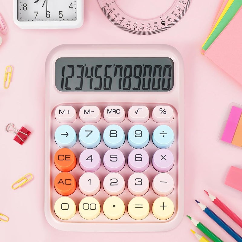 Mechanical Calculator Big Buttons, Desktop Calculator 12 Digits with Large LCD Display, Cute Desk for Teachers, Students, Basic Office (Pink) - Image 4