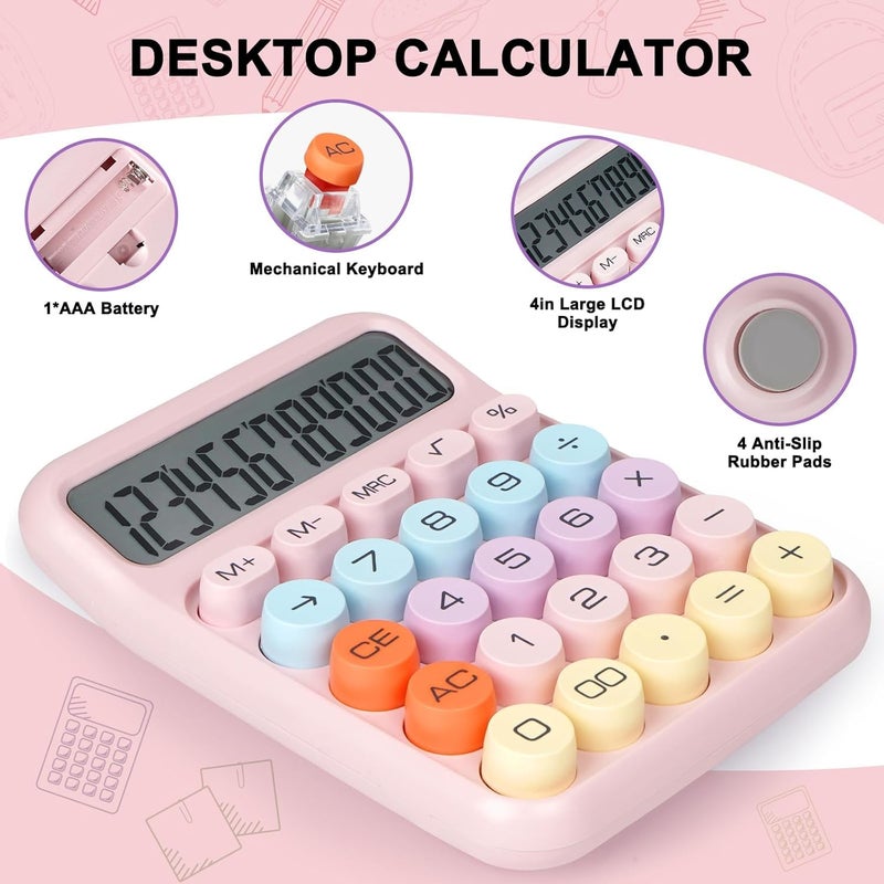 Mechanical Calculator Big Buttons, Desktop Calculator 12 Digits with Large LCD Display, Cute Desk for Teachers, Students, Basic Office (Pink) - Image 5