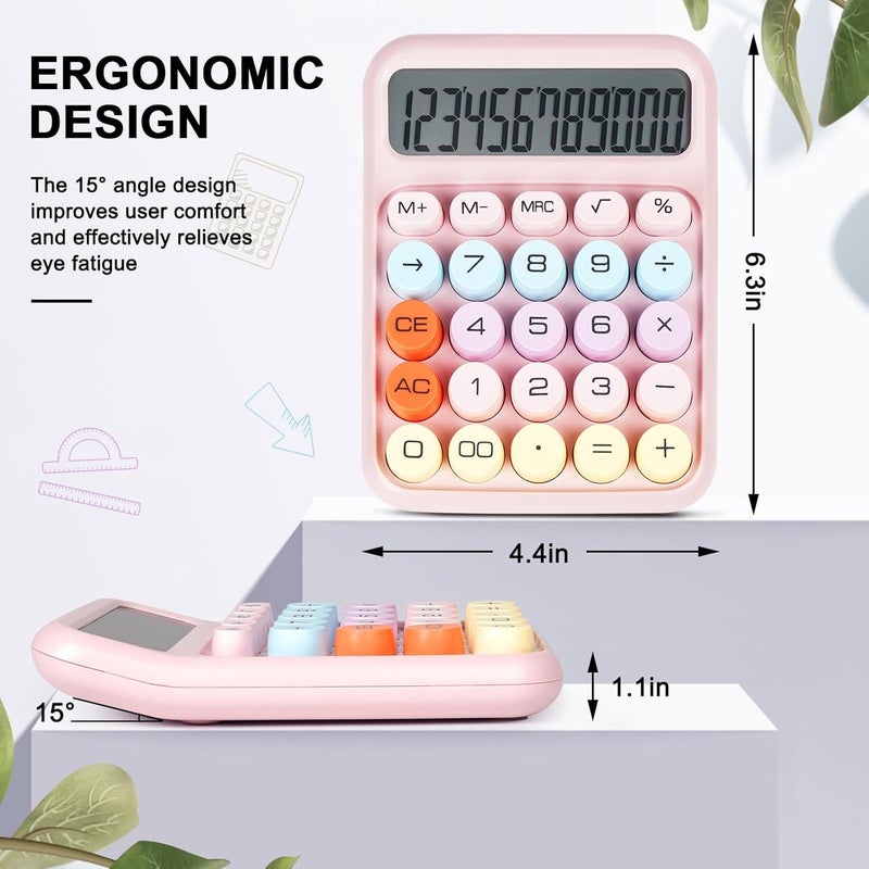 Mechanical Calculator Big Buttons, Desktop Calculator 12 Digits with Large LCD Display, Cute Desk for Teachers, Students, Basic Office (Pink) - Image 2