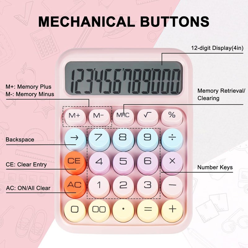 Mechanical Calculator Big Buttons, Desktop Calculator 12 Digits with Large LCD Display, Cute Desk for Teachers, Students, Basic Office (Pink) - Image 3