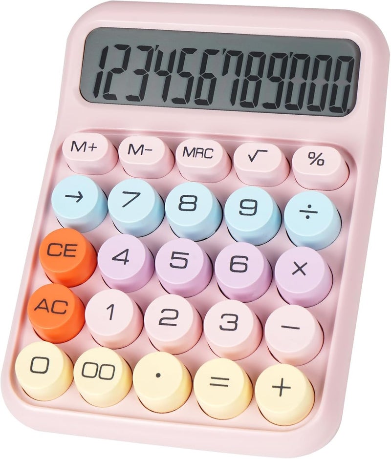 Mechanical Calculator Big Buttons, Desktop Calculator 12 Digits with Large LCD Display, Cute Desk for Teachers, Students, Basic Office (Pink) - Image 1