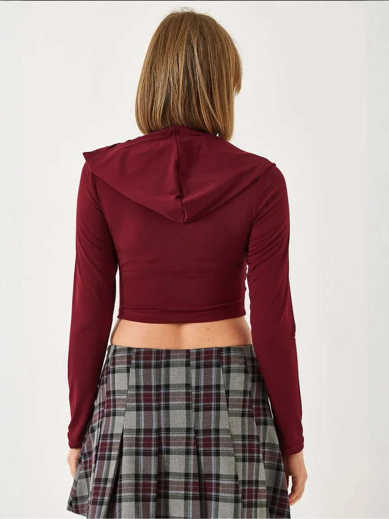 Bianco Lucci Burgundy Red LUCCI Hooded Fitted Long Sleeve Crop Top for Women | Best Price UAE