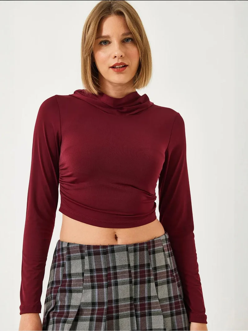 Bianco Lucci Burgundy Red LUCCI Hooded Fitted Long Sleeve Crop Top for Women | Best Price UAE
