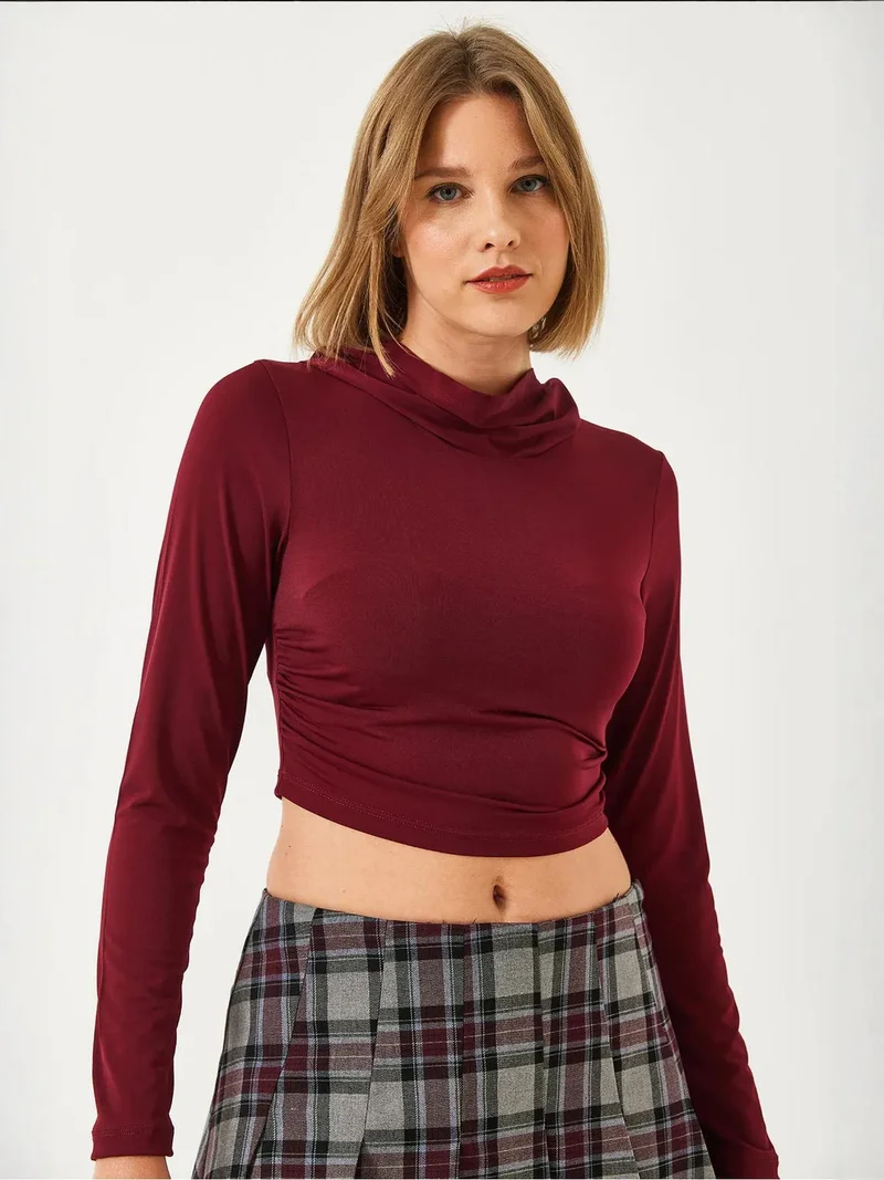 Bianco Lucci Burgundy Red LUCCI Hooded Fitted Long Sleeve Crop Top for Women | Best Price UAE