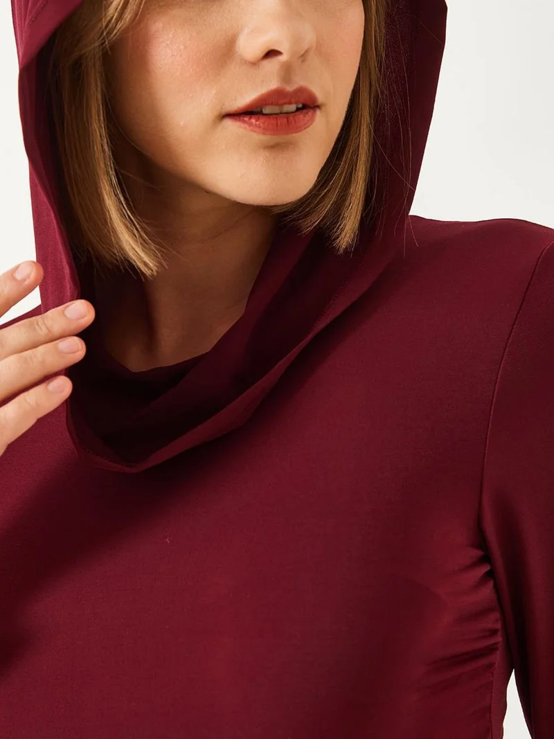 Bianco Lucci Burgundy Red LUCCI Hooded Fitted Long Sleeve Crop Top for Women | Best Price UAE