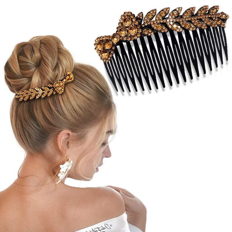 LYKAA Beautiful Crystal Leaf Juda Hair Comb For Women And Girls | Designer Rhinestone Hair Accessories For Bun, Party & Bridal Hairstyles | Decorative Juda Comb For Weddings And Festive Look – 1 PCS (Golden) - Image 1