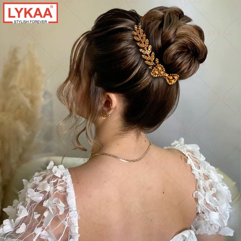 LYKAA Beautiful Crystal Leaf Juda Hair Comb For Women And Girls | Designer Rhinestone Hair Accessories For Bun, Party & Bridal Hairstyles | Decorative Juda Comb For Weddings And Festive Look – 1 PCS (Golden) - Image 5