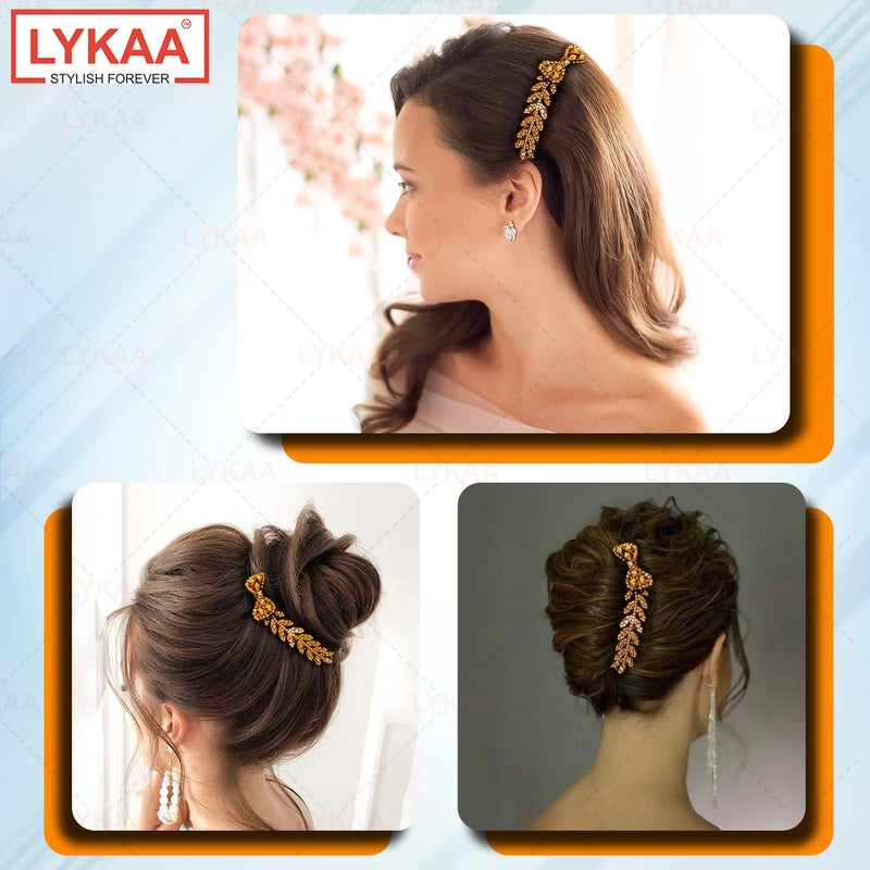 LYKAA Beautiful Crystal Leaf Juda Hair Comb For Women And Girls | Designer Rhinestone Hair Accessories For Bun, Party & Bridal Hairstyles | Decorative Juda Comb For Weddings And Festive Look – 1 PCS (Golden) - Image 4