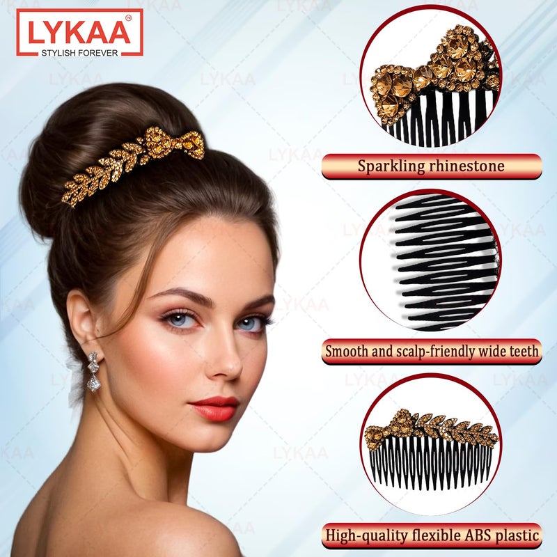 LYKAA Beautiful Crystal Leaf Juda Hair Comb For Women And Girls | Designer Rhinestone Hair Accessories For Bun, Party & Bridal Hairstyles | Decorative Juda Comb For Weddings And Festive Look – 1 PCS (Golden) - Image 3