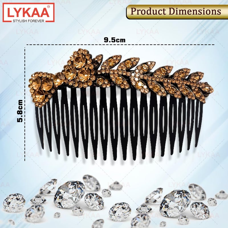 LYKAA Beautiful Crystal Leaf Juda Hair Comb For Women And Girls | Designer Rhinestone Hair Accessories For Bun, Party & Bridal Hairstyles | Decorative Juda Comb For Weddings And Festive Look – 1 PCS (Golden) - Image 2