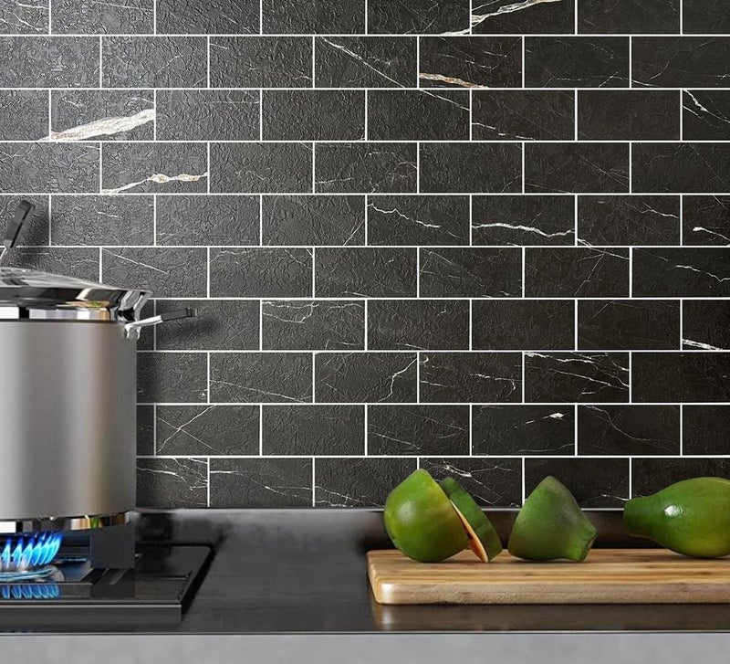 AULIGET 100 Piece Faux Stone Backsplash Peel and Stick PVC Tile  3 Inch x 6 Inch Black Marble with White Grout Stick on Tiles for Backsplash Kitchen  Bathroom  Laundry Room  Camper  Fireplace - Image 2