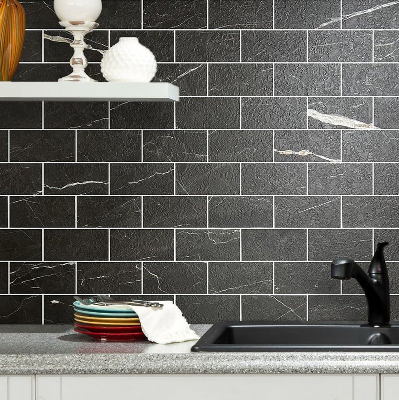 AULIGET 100 Piece Faux Stone Backsplash Peel and Stick PVC Tile  3 Inch x 6 Inch Black Marble with White Grout Stick on Tiles for Backsplash Kitchen  Bathroom  Laundry Room  Camper  Fireplace - Image 4