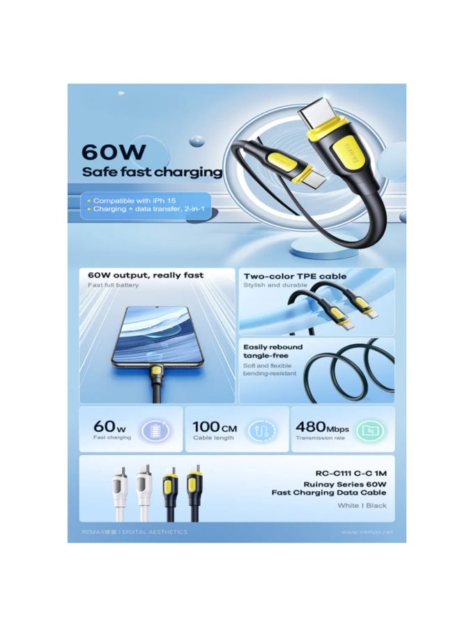 ريماكس كابل شحن سريع RC-C111 سلسلة Ruinay، 60 واط، كابل من النوع C إلى النوع C، مادة TPE متينة بطول 1 متر، تصميم مضاد للتشابك، نقل بيانات بسرعة 480 ميجابت في الثانية، متوافق مع USB-C عالمي، تصميم مرن وطويل الأمد - أسود - Image 4