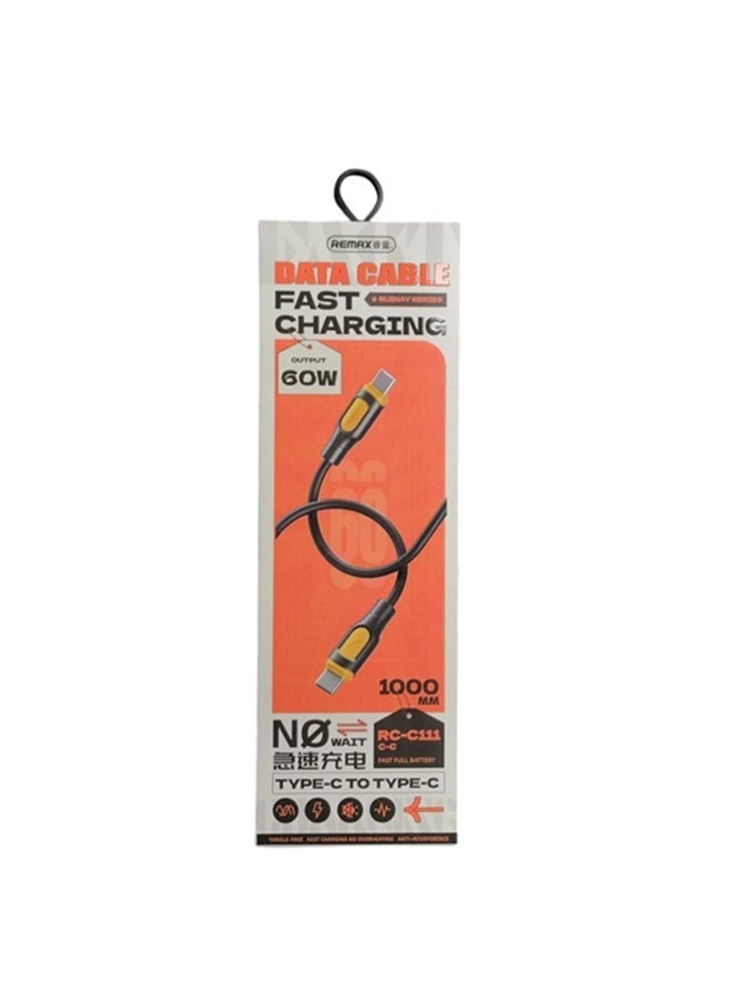 ريماكس كابل شحن سريع RC-C111 سلسلة Ruinay، 60 واط، كابل من النوع C إلى النوع C، مادة TPE متينة بطول 1 متر، تصميم مضاد للتشابك، نقل بيانات بسرعة 480 ميجابت في الثانية، متوافق مع USB-C عالمي، تصميم مرن وطويل الأمد - أسود - Image 3