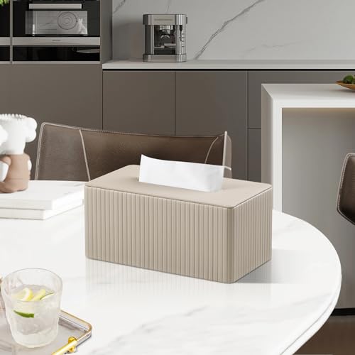 MEIBOOCH PU Leather Tissue Box Cover for up to 39 High Boxes Rectangle Tissue Box Holder for Bathroom Bedroom Living Room Office Beige - Image 3