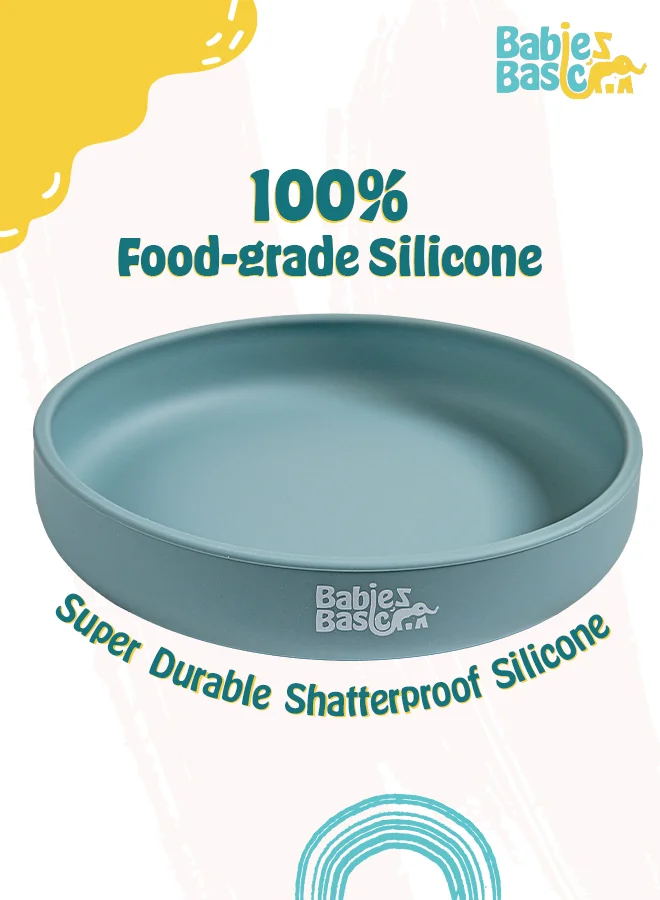 Babies Basic Babies Basic Silicone Feeding Set with Silicone Suction Plate, Spoon and Fork -  Blue