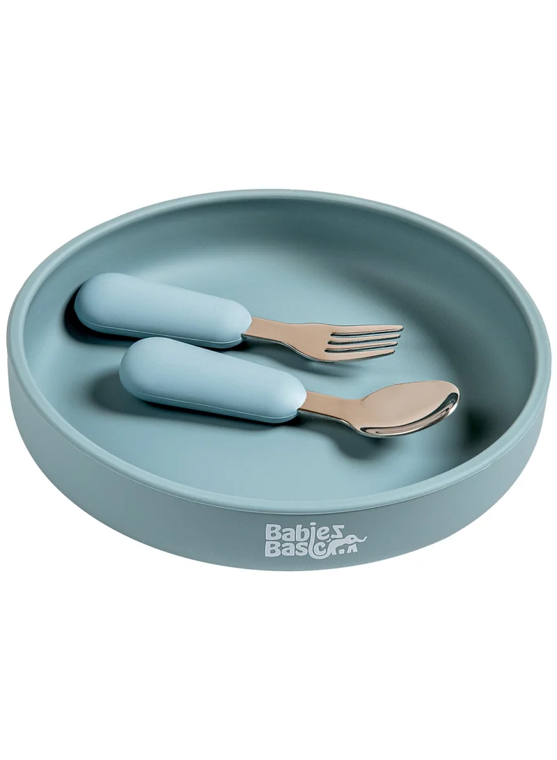Babies Basic Babies Basic Silicone Feeding Set with Silicone Suction Plate, Spoon and Fork -  Blue