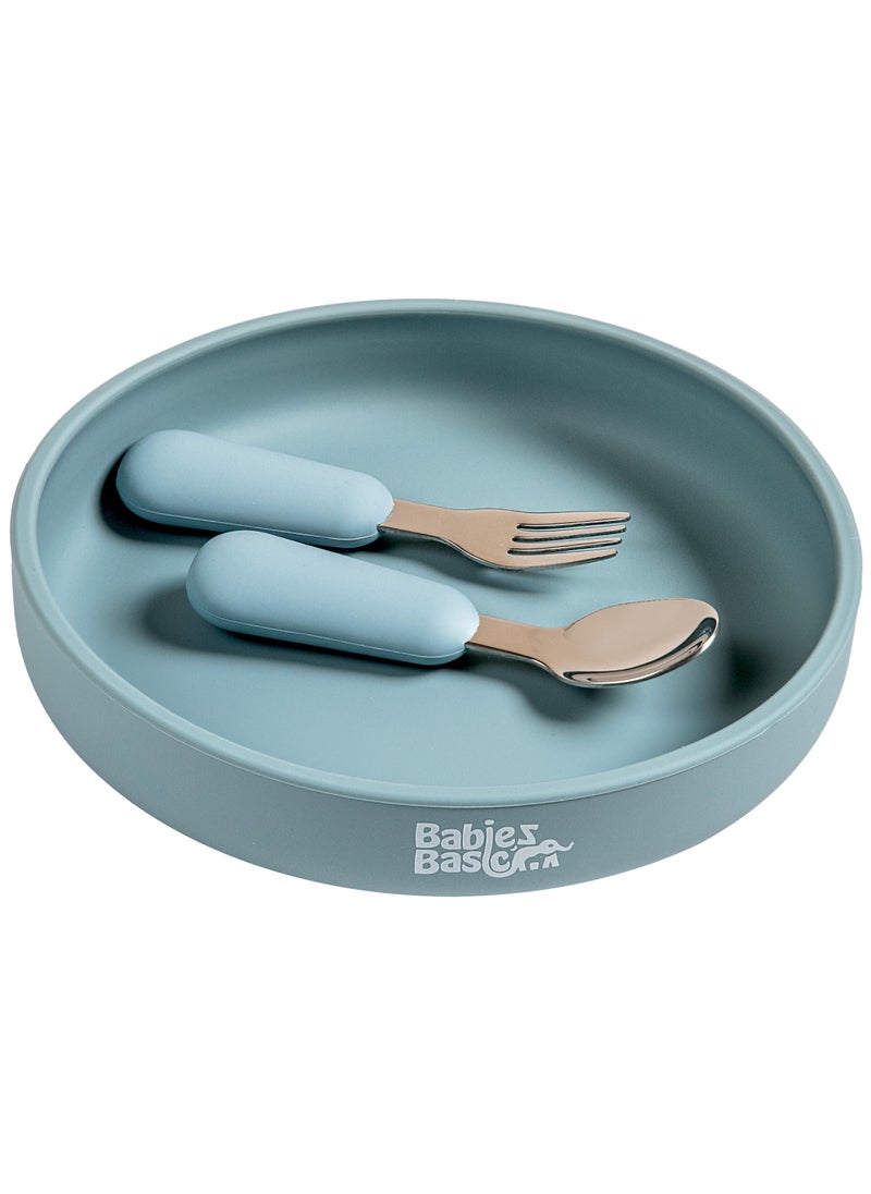 Babies Basic Babies Basic Silicone Feeding Set with Silicone Suction Plate, Spoon and Fork -  Blue  - Image 1