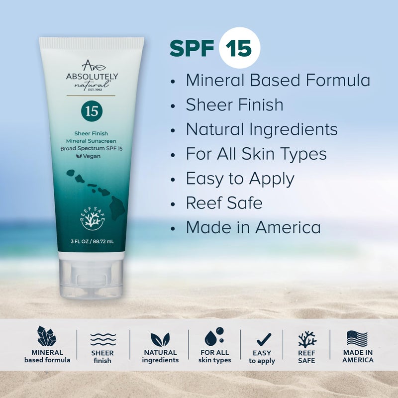 Absolutely Natural طبيعي تمامًا - واقي شمس معدني SPF 15 - مرطب مقاوم للماء واسع الطيف للجسم والوجه - مع أكسيد الزنك غير النانوي، فيتامين E، ومضادات الأكسدة - صنع في الولايات المتحدة، 3 أونصة - Image 3