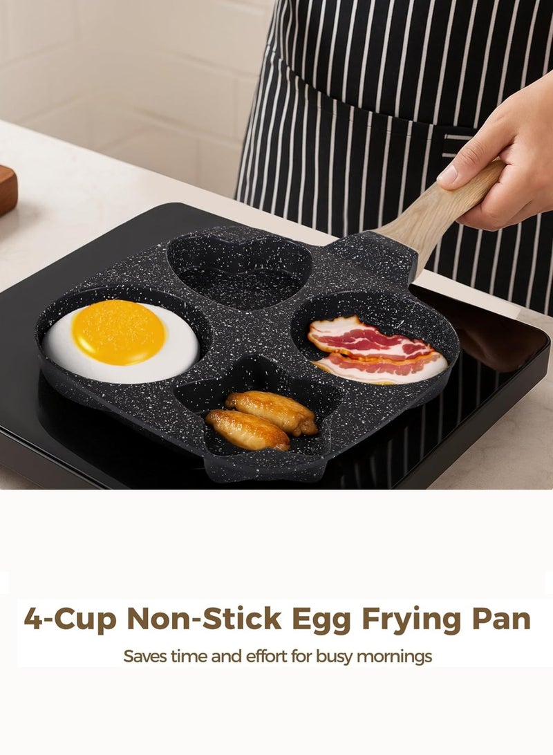 LOOPITYS 4 cups of egg frying pan, pan，non stick breakfast frying pan, pancake pan with silicone brush and spatula and 4 different shapes, anti scald handle, compatible with induction cooker, can fry steak, eggs, dumplings and pancakes - Image 3