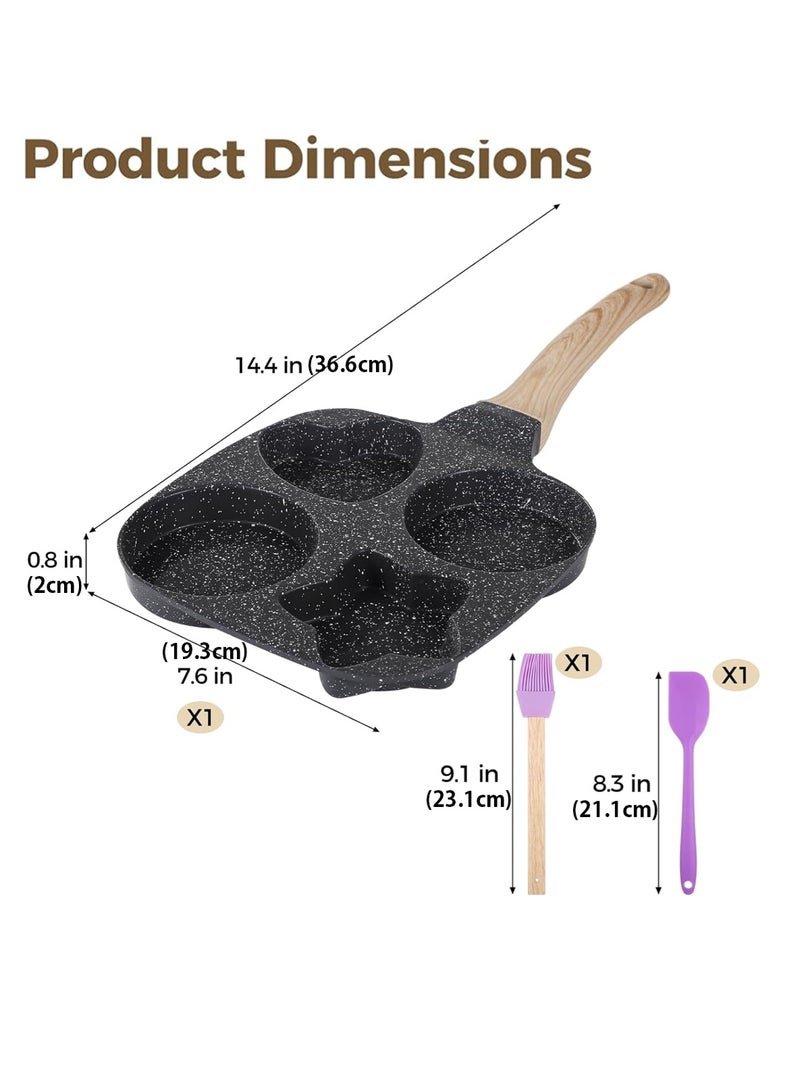 LOOPITYS 4 cups of egg frying pan, pan，non stick breakfast frying pan, pancake pan with silicone brush and spatula and 4 different shapes, anti scald handle, compatible with induction cooker, can fry steak, eggs, dumplings and pancakes - Image 4