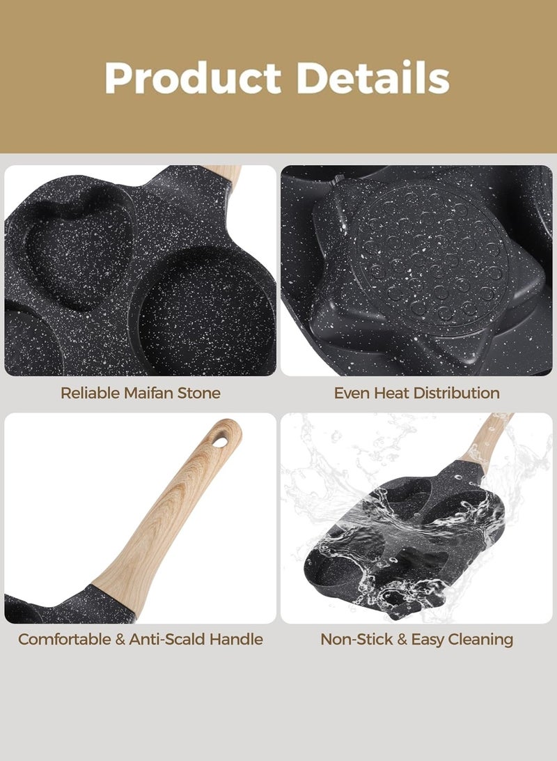 LOOPITYS 4 cups of egg frying pan, pan，non stick breakfast frying pan, pancake pan with silicone brush and spatula and 4 different shapes, anti scald handle, compatible with induction cooker, can fry steak, eggs, dumplings and pancakes - Image 5