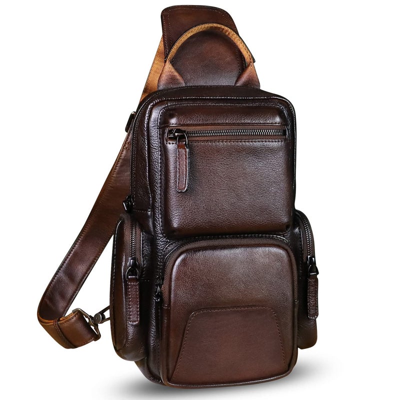 IVTG Genuine Leather Sling Bag Crossbody Casual Hiking Daypack Vintage Handmade Chest Bag Shoulder Backpack Motorcycle Pack (Coffee) - Image 1