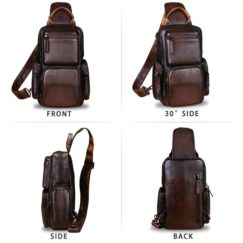 IVTG Genuine Leather Sling Bag Crossbody Casual Hiking Daypack Vintage Handmade Chest Bag Shoulder Backpack Motorcycle Pack (Coffee) - Image 5