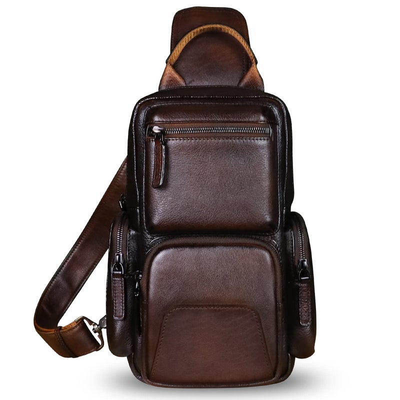 IVTG Genuine Leather Sling Bag Crossbody Casual Hiking Daypack Vintage Handmade Chest Bag Shoulder Backpack Motorcycle Pack (Coffee) - Image 2