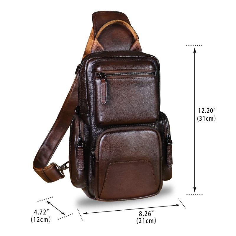 IVTG Genuine Leather Sling Bag Crossbody Casual Hiking Daypack Vintage Handmade Chest Bag Shoulder Backpack Motorcycle Pack (Coffee) - Image 4