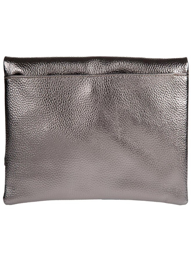 JNB Faux Leather Foldover Clutch Purse for Women with Zipper Closure and Tassel, Slim Evening Handbag with Twill Lining, Gunmetal Hardware, 11 x 1 x 6 in, Pewter - Image 2