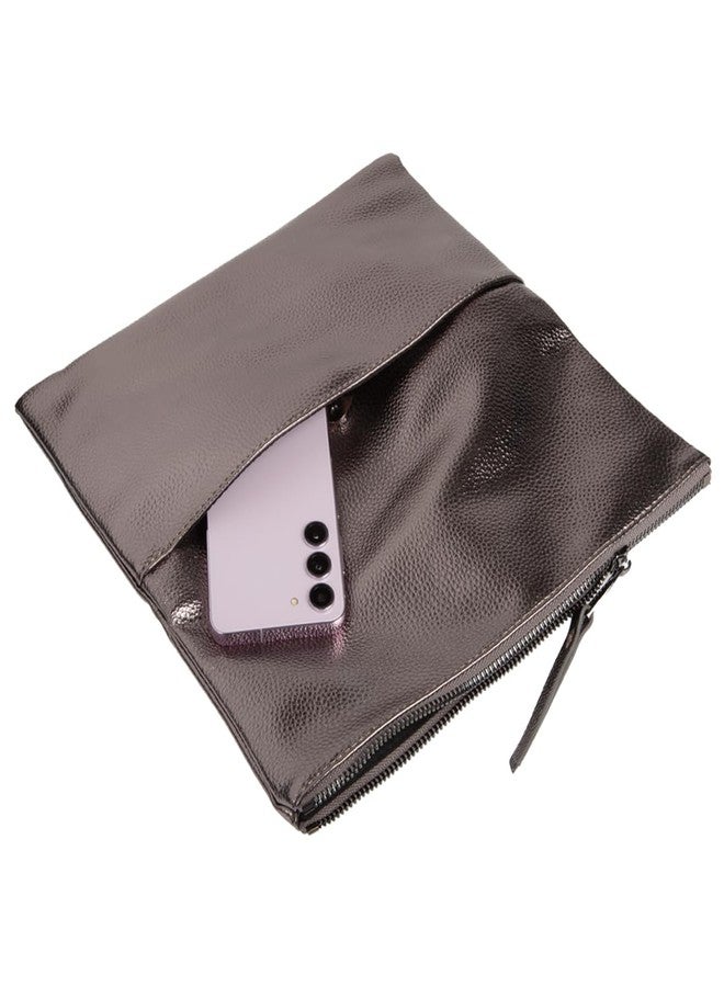 JNB Faux Leather Foldover Clutch Purse for Women with Zipper Closure and Tassel, Slim Evening Handbag with Twill Lining, Gunmetal Hardware, 11 x 1 x 6 in, Pewter - Image 5