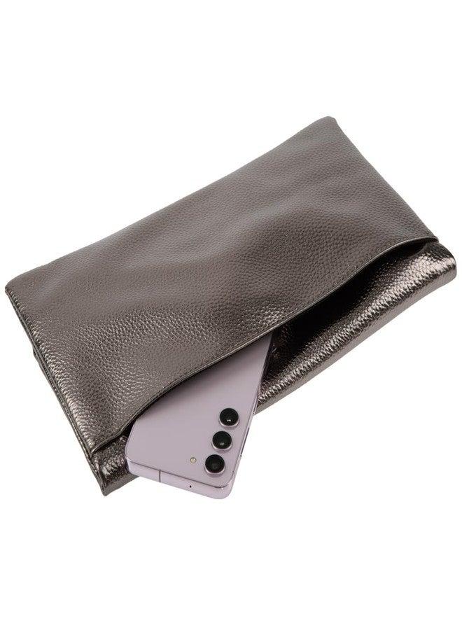 JNB Faux Leather Foldover Clutch Purse for Women with Zipper Closure and Tassel, Slim Evening Handbag with Twill Lining, Gunmetal Hardware, 11 x 1 x 6 in, Pewter - Image 4