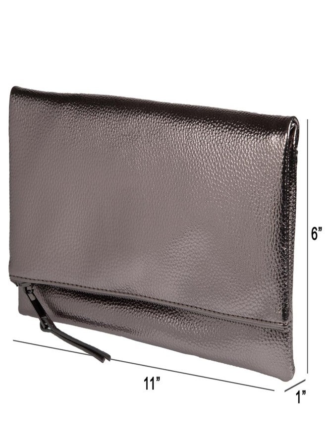 JNB Faux Leather Foldover Clutch Purse for Women with Zipper Closure and Tassel, Slim Evening Handbag with Twill Lining, Gunmetal Hardware, 11 x 1 x 6 in, Pewter - Image 3