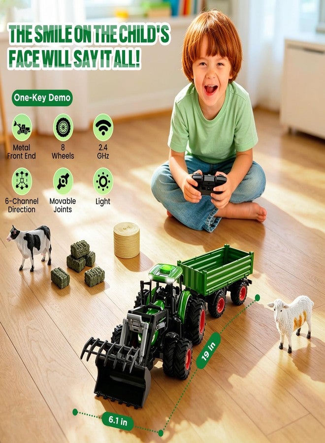 Uarzt Remote Control Tractor Toys for Boys | Metal Hood & 8 Rubber Tires, 1:24 Scale 2.4 GHz RC Truck Farm Vehicle Playset with Detachable Trailer, Front Loader and Animals, Toy Gifts for Kids Ages 3-5 4-8 - Image 4