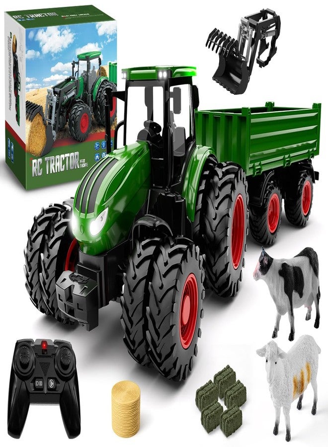 Uarzt Remote Control Tractor Toys for Boys | Metal Hood & 8 Rubber Tires, 1:24 Scale 2.4 GHz RC Truck Farm Vehicle Playset with Detachable Trailer, Front Loader and Animals, Toy Gifts for Kids Ages 3-5 4-8 - Image 1