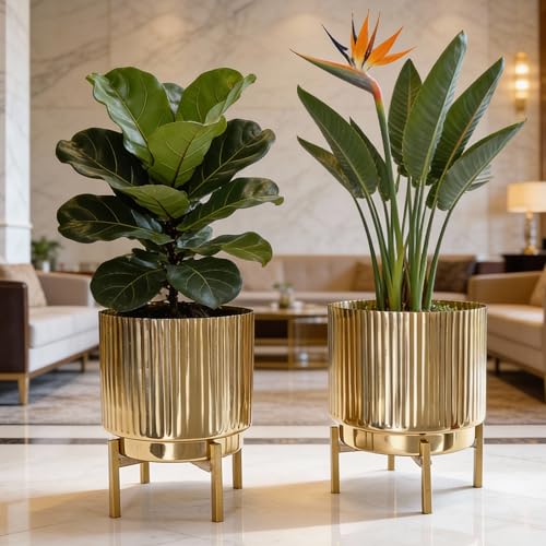 BEHOMA Fluted Metal Indoor Planters with Stands for Table Top and Floor | Living Room Drawing Room Balcony Office Plant Pots | Set of 2 Golden Metal Retro Planters with Stands (Plants not Included) - Image 1