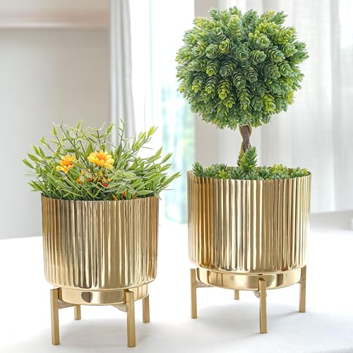BEHOMA Fluted Metal Indoor Planters with Stands for Table Top and Floor | Living Room Drawing Room Balcony Office Plant Pots | Set of 2 Golden Metal Retro Planters with Stands (Plants not Included) - Image 2
