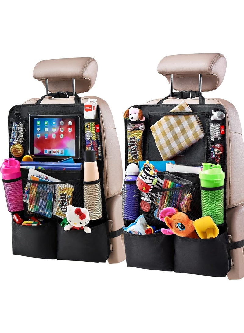 منظم المقعد الخلفي للسيارة، ركلة حصيرات حماية المقعد الخلفي مع حامل اللوح بشاشة اللمس، منظم المقعد الخلفي للأطفال، ملحقات السفر مع 9 جيوب التخزين 2 حزمة، أسود - Image 1