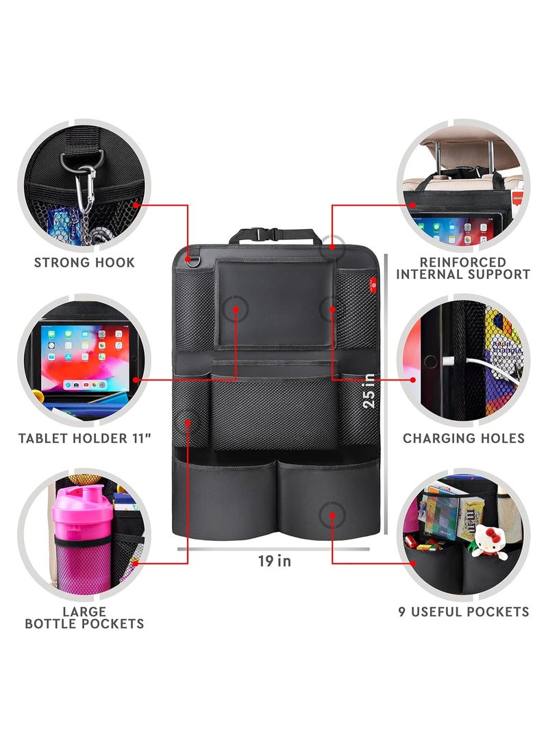 منظم المقعد الخلفي للسيارة، ركلة حصيرات حماية المقعد الخلفي مع حامل اللوح بشاشة اللمس، منظم المقعد الخلفي للأطفال، ملحقات السفر مع 9 جيوب التخزين 2 حزمة، أسود - Image 2