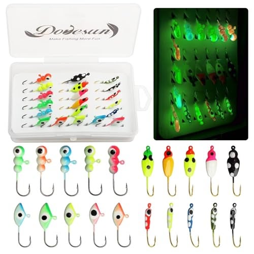 Dovesun Ice Fishing Jigs Kit Fishing Gear Lures Glow in The Dark Ice Jigs/Soft Baits with Tackle Box Ice Fishing Jig Heads Walleye Crappie Set 20Pcs - Image 1