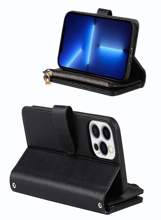 Jaorty for iPhone 13 Pro Phone Wallet Case with Card Holder, Crossbody Strap Shoulder Lanyard, Zipper Pocket PU Leather Case, 6.1" Black - Image 3