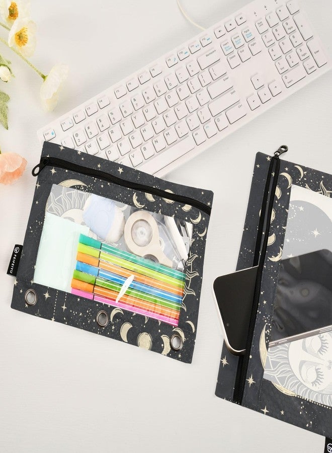 PJGINUIUA Tarot Sun Moon Goth Binder Pouch Zippered Pencil Pouches for 3 Ring Binder, 2 Pack Binder Pockets 3 Holes Pencil Case Bags with Clear Window - Image 4