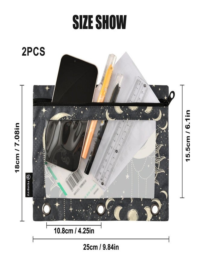 PJGINUIUA Tarot Sun Moon Goth Binder Pouch Zippered Pencil Pouches for 3 Ring Binder, 2 Pack Binder Pockets 3 Holes Pencil Case Bags with Clear Window - Image 3