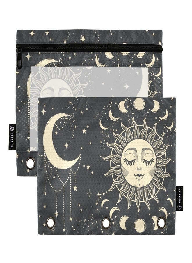 PJGINUIUA Tarot Sun Moon Goth Binder Pouch Zippered Pencil Pouches for 3 Ring Binder, 2 Pack Binder Pockets 3 Holes Pencil Case Bags with Clear Window - Image 1